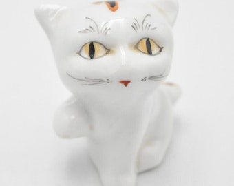 Vintage White, Black & Yellow Cat Figurine Statue Ornament Hand Painted