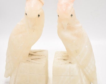 Vintage Alabaster Carved Cockatoo Bookends White Stone Bookends