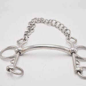 Pode incluir: Um freio de cavalo em metal prateado com bocal curvo, hastes laterais com múltiplos anéis e uma barbela conectada. As ferragens são construídas a partir de componentes de metal polido, apresentando um design funcional para uso equestre.