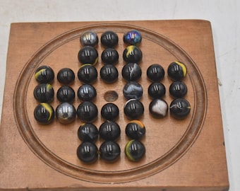 Antique Solitaire Wooden Board with Antique Hand Made Glass Marbles