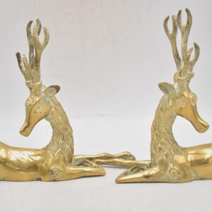 Vintage Mid Century Solid Brass Recumbent Deer Figurines Pair 18cm Collectable