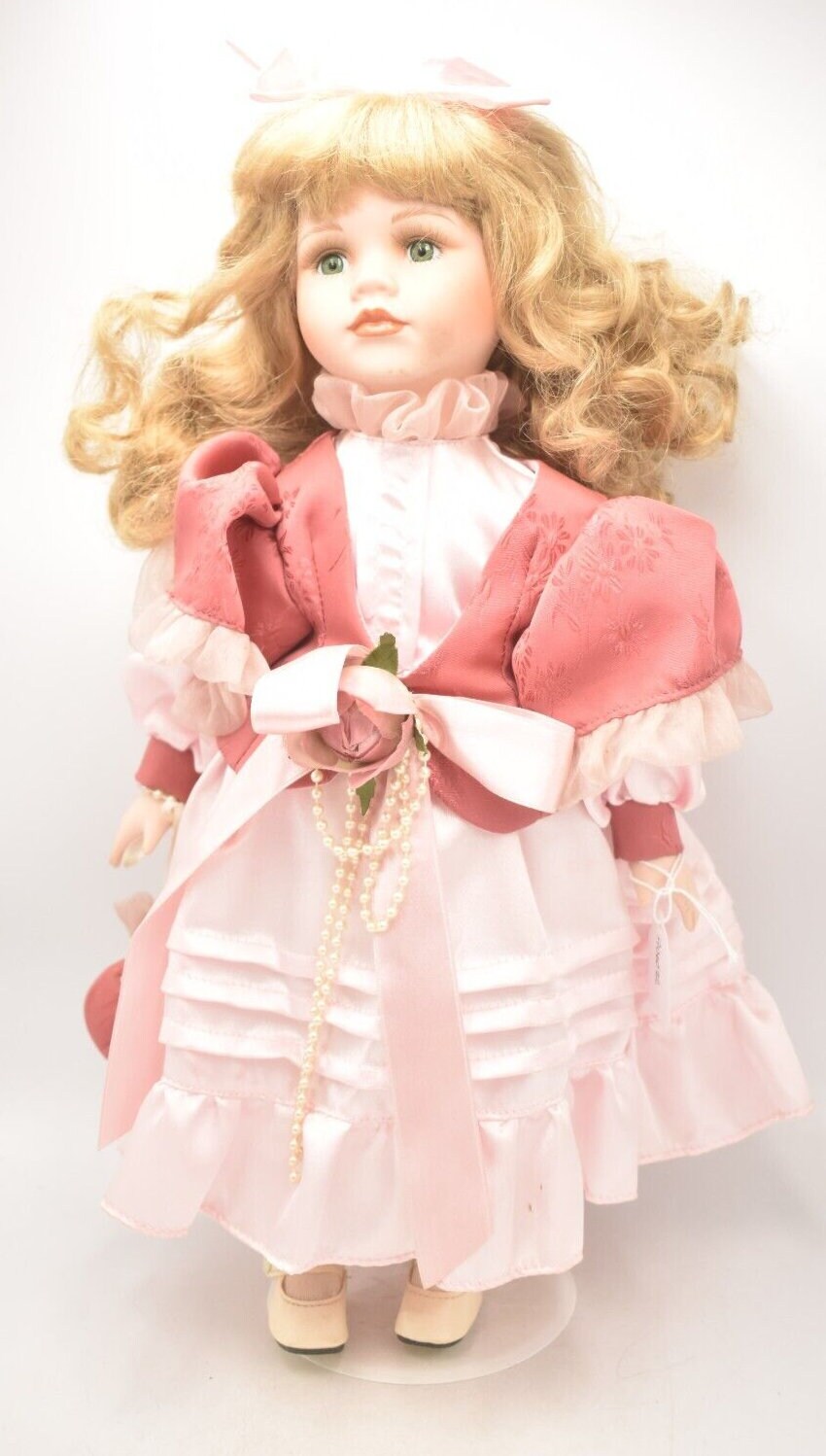 Vintage Porcelain Doll Blonde Hair, Green Eyes and Pink Silk Dress 