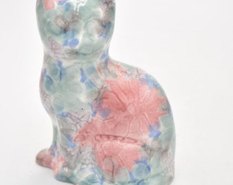 Park Rose Ceramic Cat Ornament Bridlington Pottery Blue Green Pink Floral