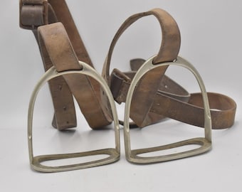 Antique Vintage Nickel Horse Riding Stirrups with Leather Straps Equestrian