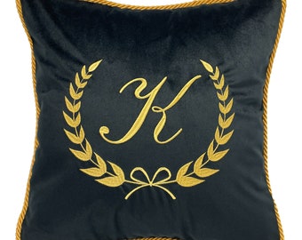 Funda de almohada decorativa bordada Monogram Laurel Velvet Premium | Fundas de almohada de terciopelo | Sofá tipo almohada con cremallera oculta | Decoración de la habitación