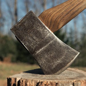 May include: Axe head with a wooden handle, resting on a tree stump. The axe head is a dark, weathered metal, and the handle is a light brown wood. The axe is positioned at an angle, with the blade facing down.
