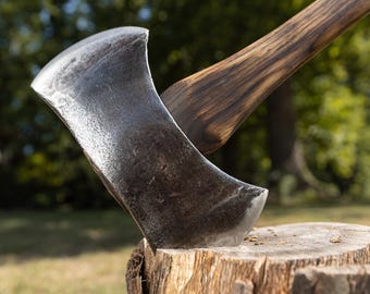 Puede incluir: Hacha con mango de madera oscura y hoja plateada, apoyada sobre un tocón. El filo del hacha tiene forma curva. El fondo presenta un paisaje verde borroso.
