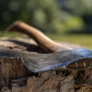 May include: A vintage axe with a wooden handle rests on a weathered tree stump. The axe head is made of metal and has a dull finish. The axe is a classic tool for camping and outdoor activities.