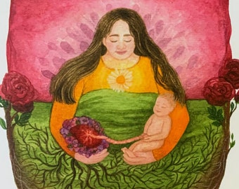 Strength card for birth and postpartum "LOTUS bed" accompanying + reinforcing - postcard A6 with watercolor illustration