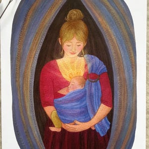 Borstvoedingsondersteuningskaart "Borstvoeding en Draagbaarheid", een begeleidende en aanmoedigende kaart voor moeders - A6-ansichtkaart met aquarelillustratie