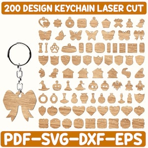 Può includere: Portachiavi in legno con un ciondolo a forma di fiocco, accompagnato da una collezione di 200 disegni tagliati al laser. I disegni includono cuori, farfalle, scudi, case e altre forme. Il testo "200 DESIGN KEYCHAIN LASER CUT" e "PDF-SVG-DXF-EPS" sono visualizzati.