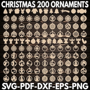 Könnte beinhalten: Eine Sammlung von 200 lasergeschnittenen Weihnachtsschmuckstücken in verschiedenen Formen und Designs, darunter Schneeflocken, Engel und Bäume. Die Ornamente sind aus hellem Holz gefertigt und auf einem dunklen Holzgrund dargestellt. Der Text "CHRISTMAS 200 ORNAMENTS" steht oben, mit Dateitypoptionen unten.