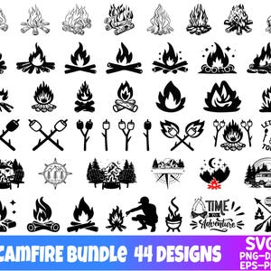 44 Pacote SVG de fogueira, clipart de fogueira, PNG de acampamento, arquivo de corte de assado de marshmallow, design de Cricut de aventura ao ar livre, silhueta, DXF