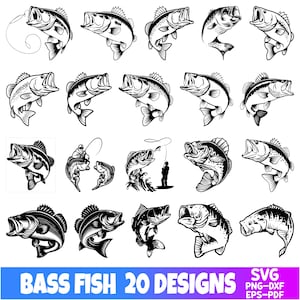 Puede incluir: Una colección de 20 diseños de peces lubina en blanco y negro en varias poses. Algunos diseños muestran los peces saltando, mientras que otros presentan a un pescador. El texto "BASS FISH 20 DESIGNS" se muestra en una pancarta azul y morada.