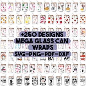 Könnte beinhalten: Eine Sammlung von 250 Designs für Glasdosen-Verpackungen. Die Designs sind farbenfroh und zeigen eine Vielzahl von Themen, darunter Tiere, Blumen und abstrakte Muster. Die Designs sind in den Formaten SVG, PNG, PDF und DXF verfügbar.