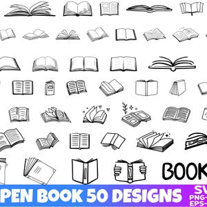 Op de afbeelding: Een verzameling van 50 open boekontwerpen in zwart en wit. De afbeelding bevat verschillende illustraties van boeken, waaronder open en gesloten boeken, met verschillende hoeken en stijlen. Het woord 'BOOKS' wordt weergegeven in vette, zwarte letters.