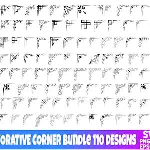 May include: A set of 110 decorative corner designs in black and white. The corners are in a variety of styles, including floral, geometric, and abstract.