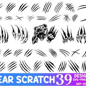 May include: A set of 39 black and white bear claw scratch designs. The designs are perfect for use in crafting, scrapbooking, and other creative projects.  BEAR SCRATCH 39  DESIGNS SVG-PNG-PDF  DXF-EPS
