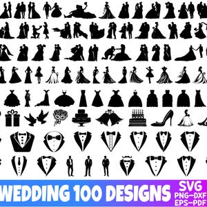 Può includere: Un set di 100 design a tema matrimonio in bianco e nero in formato SVG, PNG, DXF, EPS e PDF. I design includono silhouette di coppie, abiti da sposa, smoking, fiori, torte e altre immagini legate al matrimonio.