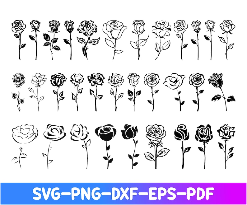 May include: A set of 30 black and white rose outline illustrations. The roses are in various styles and sizes, with some having stems and leaves.