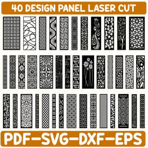 Può includere: Una collezione di 40 pannelli di design tagliati al laser in bianco e nero, con vari motivi geometrici e floreali. I pannelli rettangolari sono disposti in file. Il testo in alto recita "40 DESIGN PANEL LASER CUT" e in basso "PDF-SVG-DXF-EPS".
