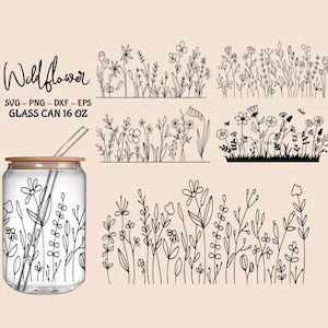 Wildflower Libbey Glass Wrap Bundle, 16oz Glass can svg, Libbey Glass can, Flower Libbey Glass Wrap, Svg Files for Cricut & Silhouette