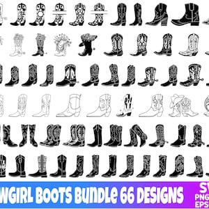 Puede incluir: Una descarga digital de 66 diseños de botas de vaquera en blanco y negro. Los diseños son perfectos para manualidades, scrapbooking y otros proyectos creativos. Se incluyen los formatos de archivo SVG, PNG, DXF, EPS y PDF.