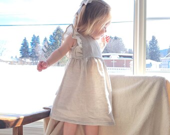 READY TO SHIP Size 12-24 Months 1 T, Linen Toddler Dress, Flower Girl Dress, White Ruffled Baby Frock, Boho Button Up Gown