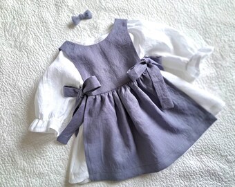 Linen Pinafore and Under Dress, Baby Girl Cottagecore Clothing, Toddler Dress with Elasticized Cuffs, Apron Frock with Side Ties