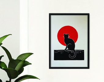 Cat and Moon Linocut Print: Handmade Art for Cat Lovers