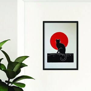 Cat and Moon linocut print, cat linocut, original linocut print, gift for cat lover, handmade print