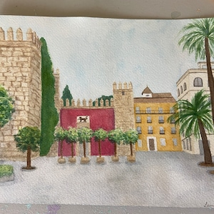 Handgemaltes Aquarell von Seville, Royal Alcazar-Sevilla-Malerei, Seville-Spanien-Malerei, original Spanien-Aquarell