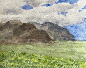 Original Iceland Mountain Watercolor Painting: Wildflower Landscape Art