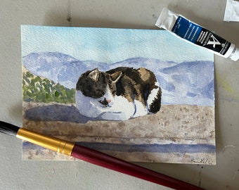 Pintura original de acuarela de gato: Arte de gato durmiendo, paisaje griego