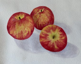 Original watercolor painting, watercolor apples, three red apples, original watercolor painting, apple painting, apple kitchen decor