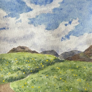 Pittura di fiori selvatici di paesaggio montano, arte ad acquerello originale, arte della parete naturale, regalo per gli amanti della natura, paesaggio islandese, inaugurazione della casa