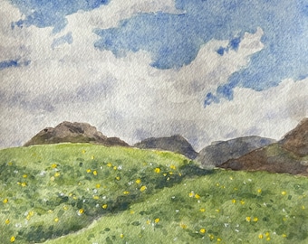 Berglandschaft, Wildblumen Malerei, Original Aquarell Kunst, Natur Malerei, Geschenk für Naturliebhaber, Island Landschaft, Housewarming