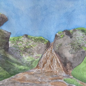 Acquarello originale della cascata islandese, pittura islandese, paesaggio dipinto a mano
