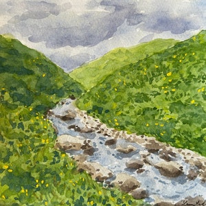 Pittura fluviale originale ad acquerello fatta a mano, opere d'arte naturali, decorazioni murali, arte del paesaggio fluviale, regalo per gli amanti della natura Paesaggio della valle Islanda
