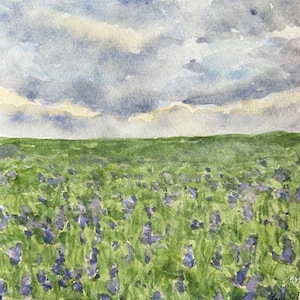 Paesaggio del campo di fiori selvatici dell'acquerello dipinto a mano, arte dei fiori viola, pittura di paesaggi lunatici, decorazione floreale della parete, arte originale, natura