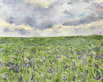 Hand Painted Watercolor Wildflower Field Landscape, Purple Flowers Art, Moody Scenery Painting, Floral Wall Decor, Original Art, Nature