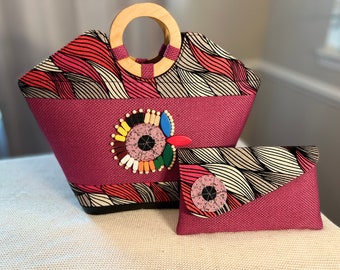 Lapel Print Handbag Plus Clutch