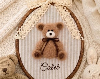 Needle Felted Bear Nursery Art, Personalized Baby Name Wall Decor