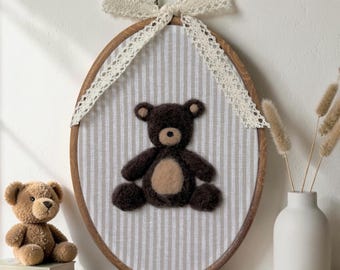 Personalized Felted Teddy Bear Hoop Art, Baby Nursery Decor