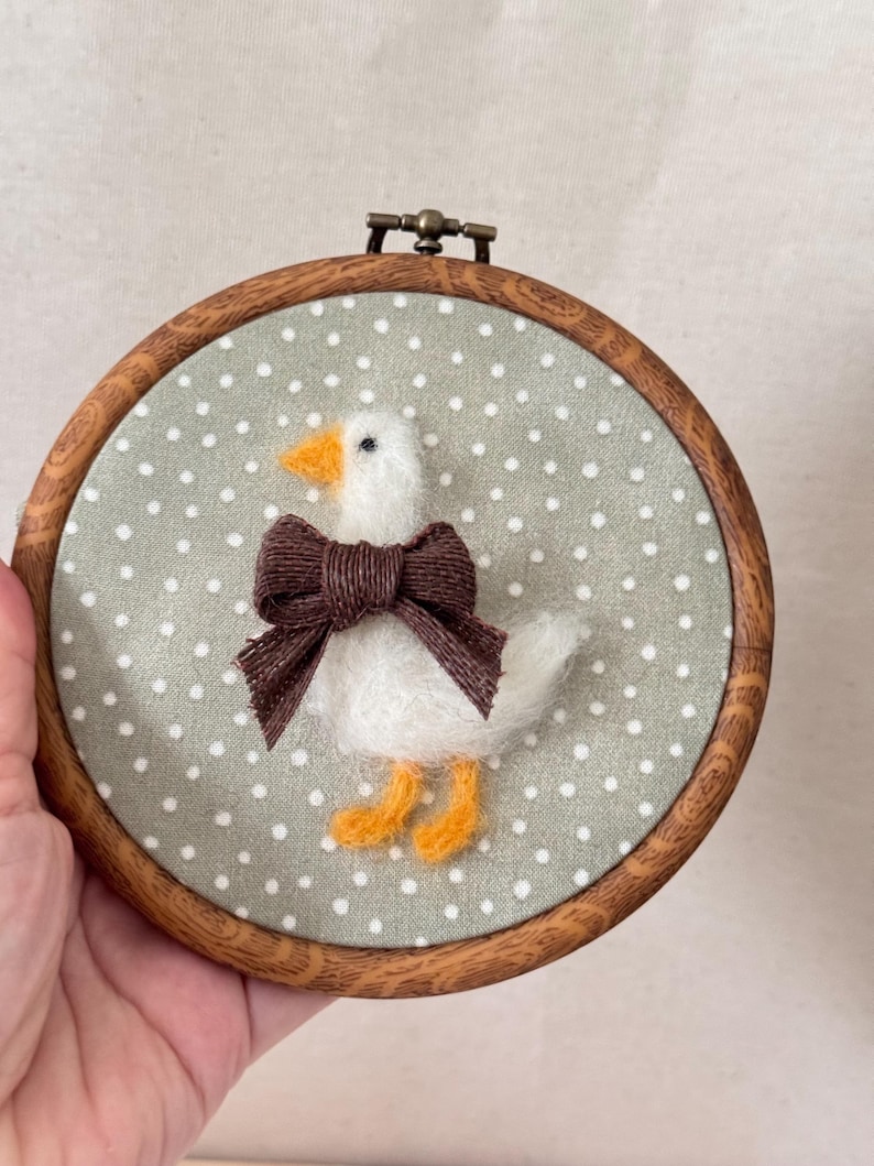 Wool goose decor in hoop – polka dot nursery artwork, baby gift idea