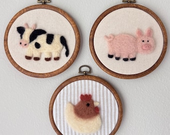 Felted Farm Animal Nursery Hoop Art: Handmade Wool Decor, 6 inch