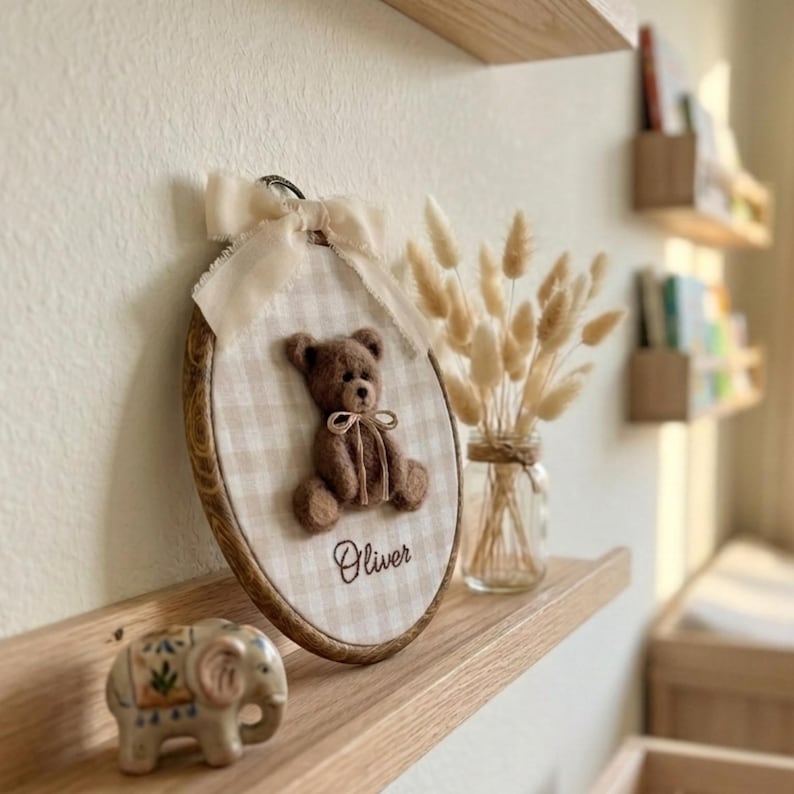 Personalized beige teddy bear wall decor in embroidery hoop