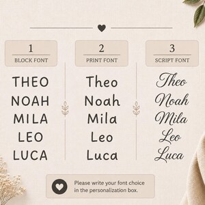 Font options for personalized baby name nursery sign with script and block lettering styles.