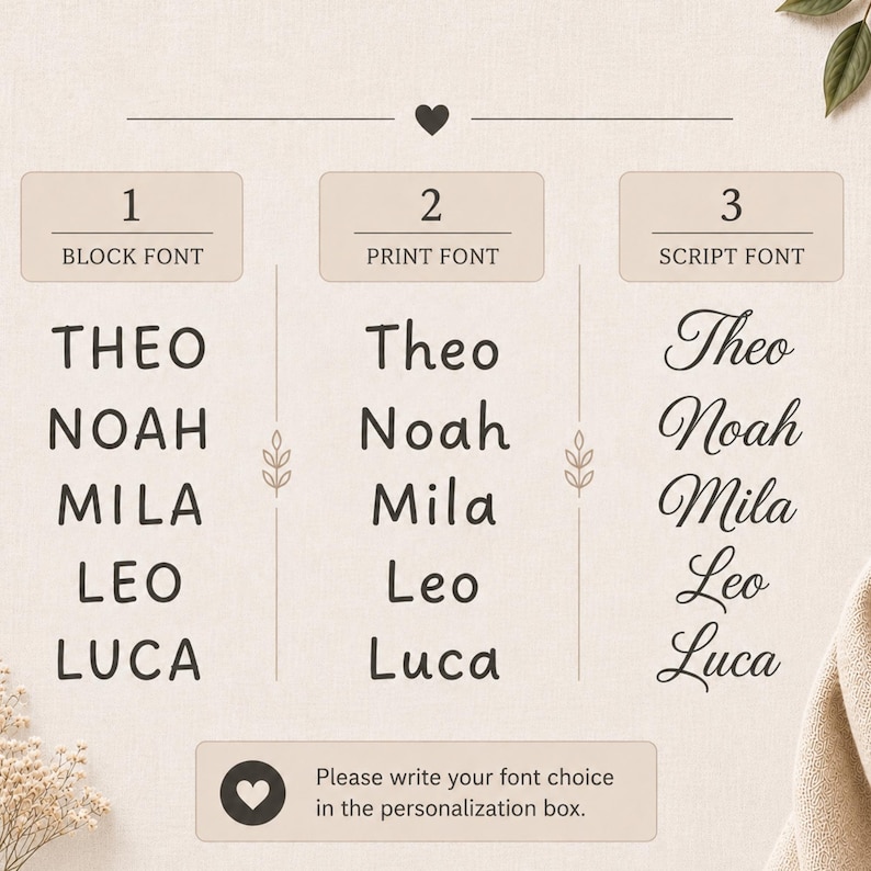 Font options for personalized baby name nursery sign with script and block lettering styles.