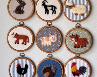 Farm Nursery Wall Art, Felt Animal Embroidery Hoop Decor